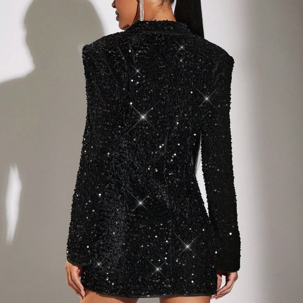 Black Casual Womens Lapel Neck Sequin Blazer Dress - Picture 2 of 5